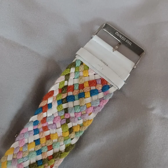 Stainless Steel silver white leather colorful woven fabric band watch timepiece - Picture 6 of 7